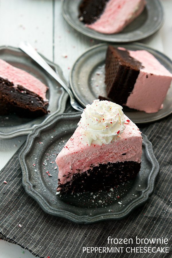 frozen peppermint cheesecake with a brownie crust
