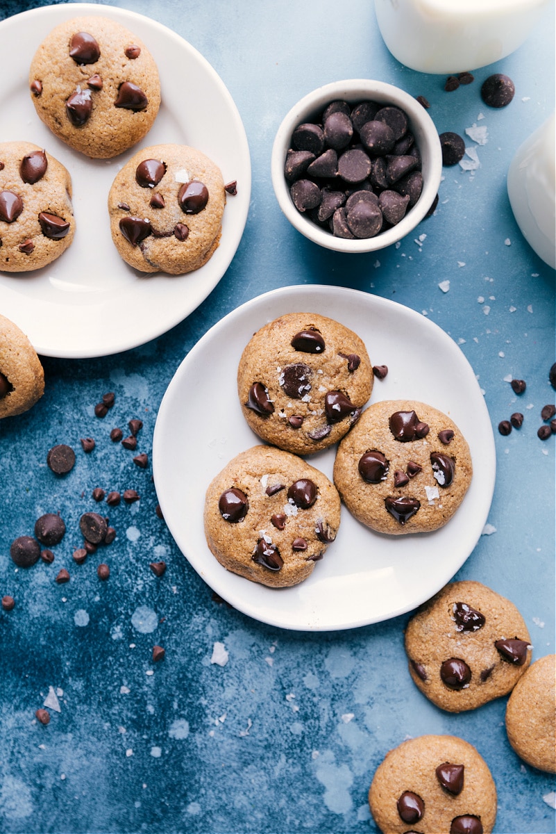 Overhead image of two plates full of Healthy Chocolate Chip Cookies