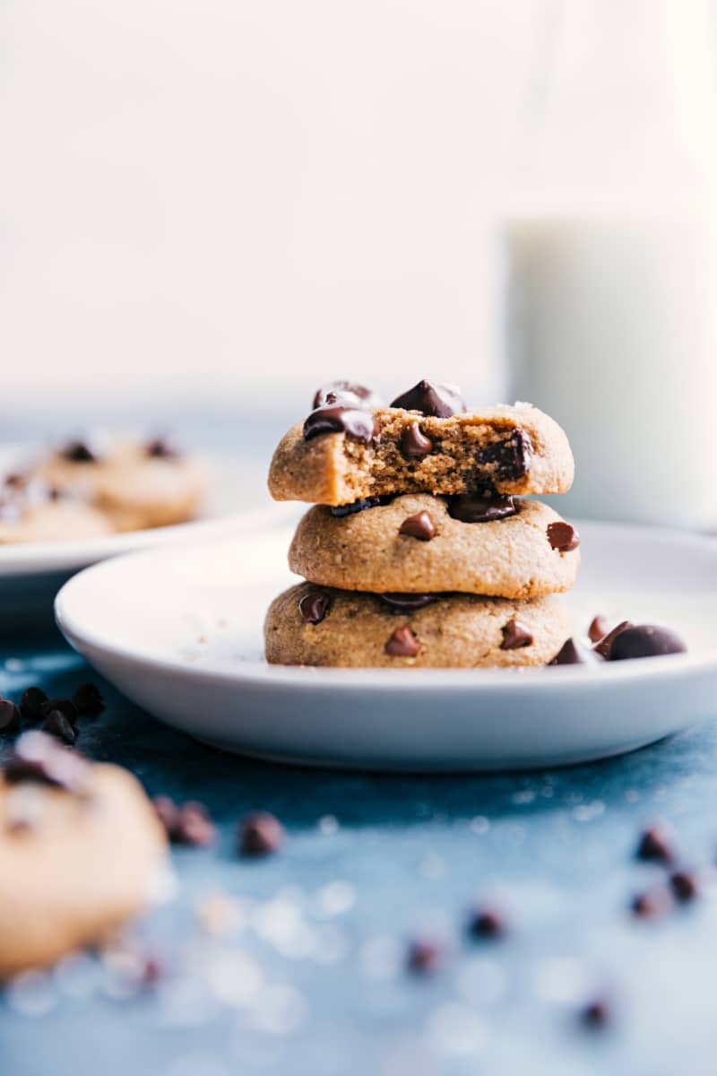 Healthy Chocolate Chip cookies stacked on a plate