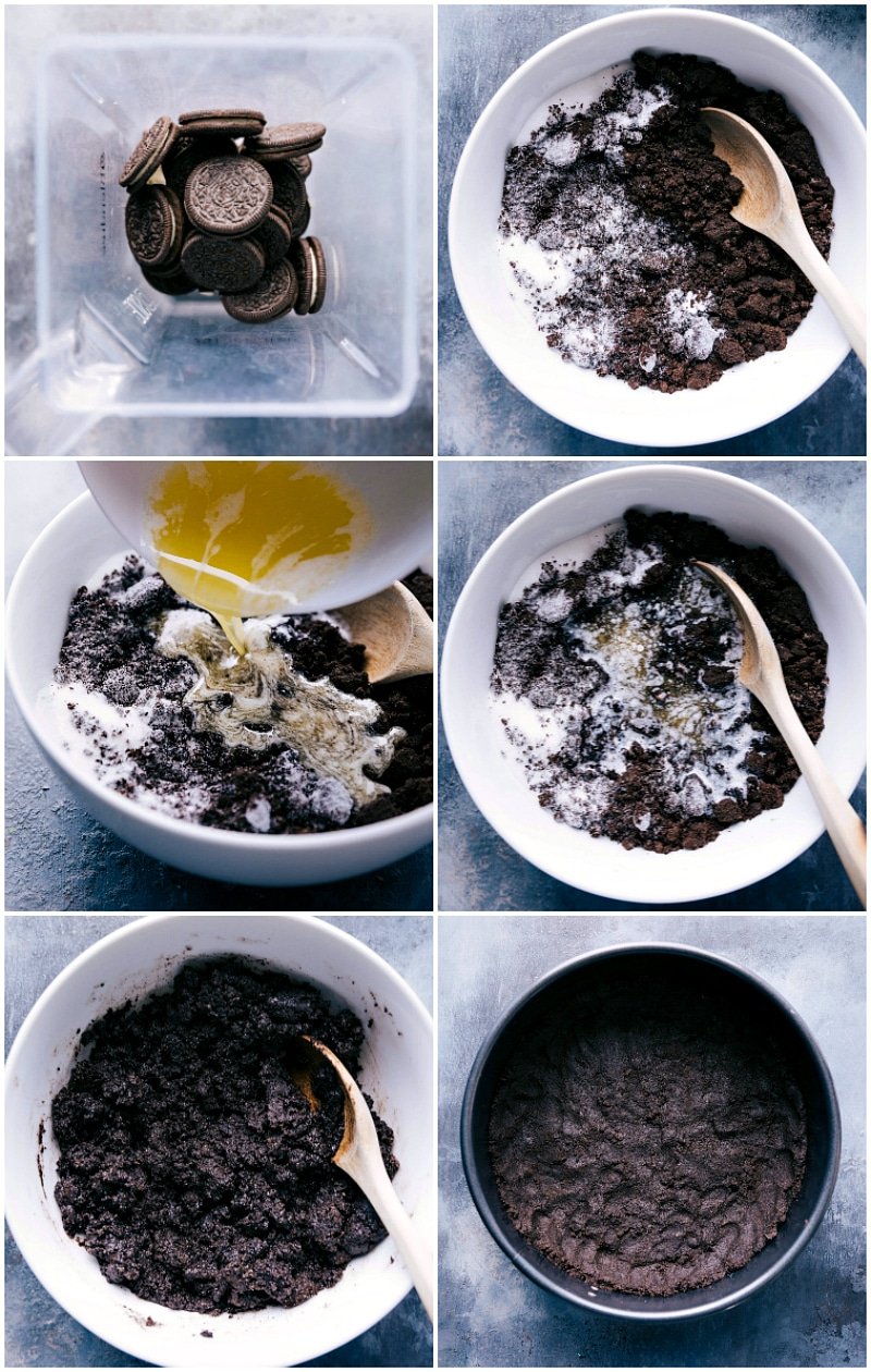 Crushed oreos being pressed into a pan, forming the crust for the peppermint cheesecake no bake recipe.