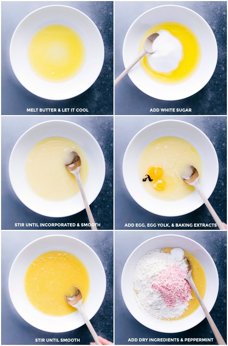 Process shots-- images of the wet ingredients being mixed together and the dry ingredients being added on top of wet