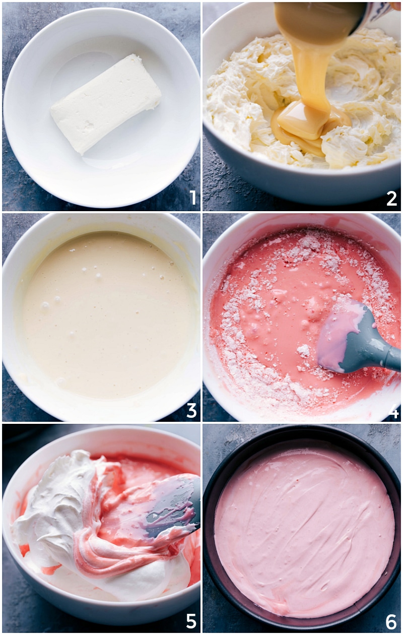 Process shots-- images of the easy no bake peppermint cheesecake filling being made