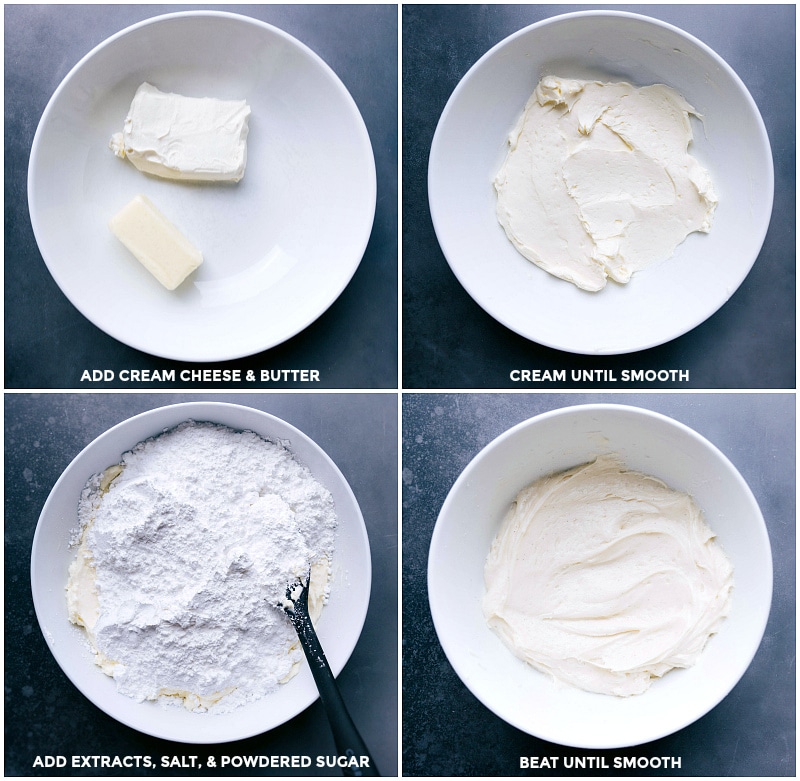 Make the frosting by combining softened cream cheese and butter; cream until smooth; add extracts, salt and powdered sugar; beat until smooth then add to the Peppermint Sugar Cookies.