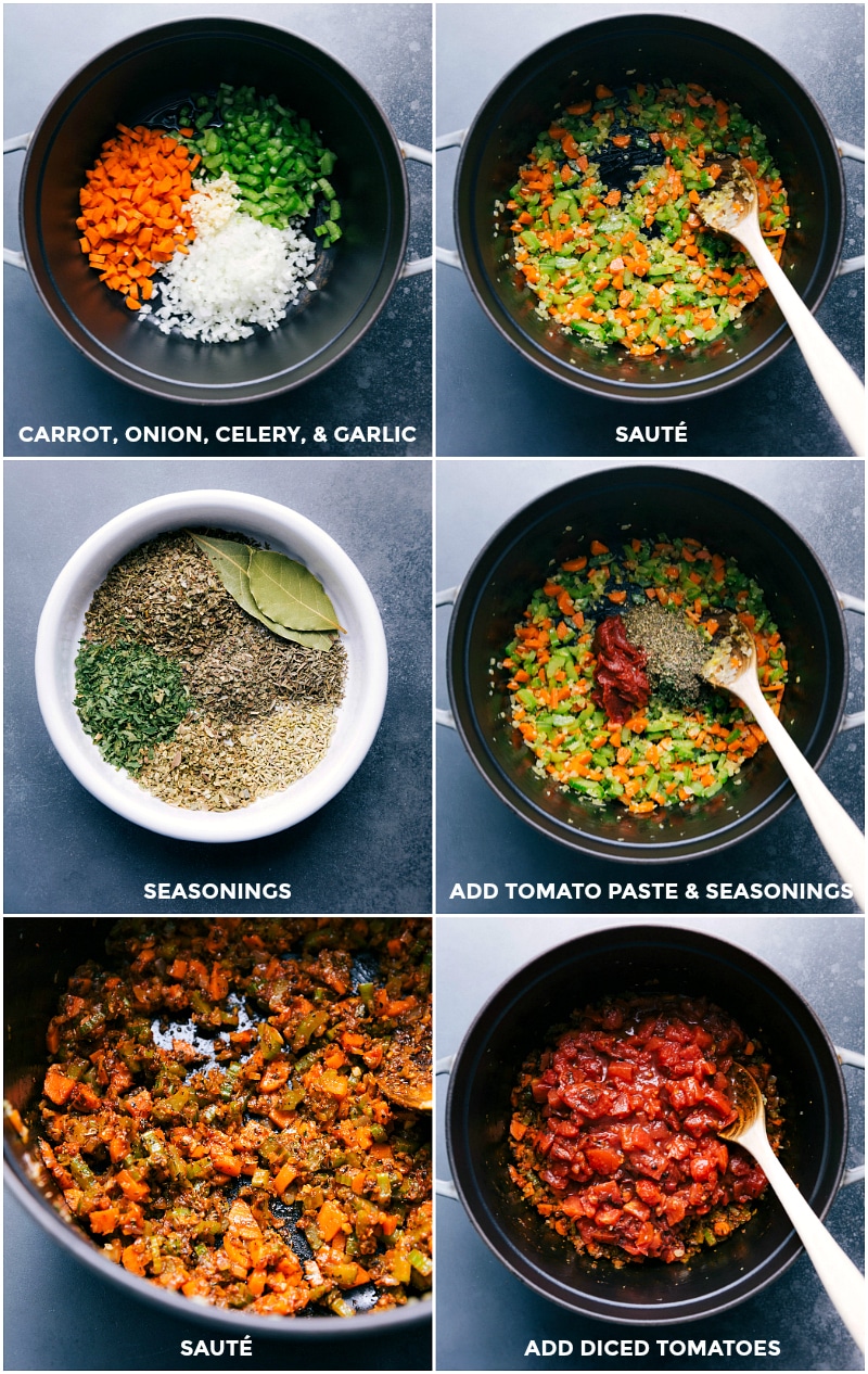 Process shots-- images of the veggies being sautéed, seasonings being added, tomato paste, and diced tomatoes being added and everything being cooked