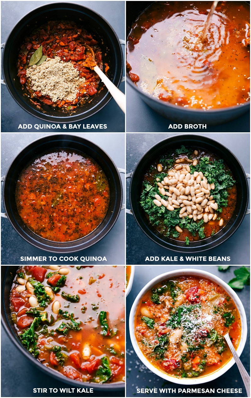 Process shots--images of the quinoa, bay leaves, broth, beans, and kale being added and cooked over the stove top