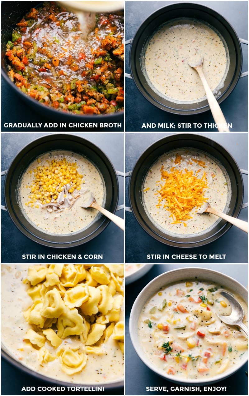 Process shots-- images of the chicken broth, cheese, chicken, corn, and tortellini being added to the pot.