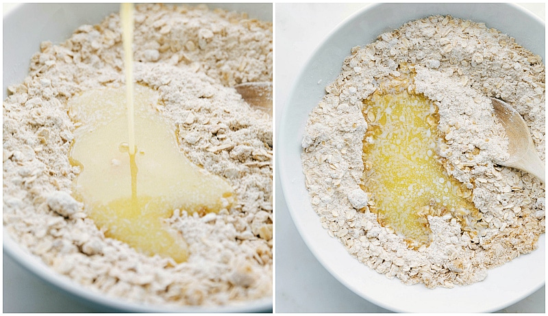 Melted butter being added to the dry ingredients.