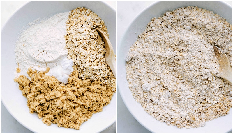 Image of the oats, flour, and brown sugar all in a bowl separate; and then mixed together for these Carmel Oatmeal Cookies.