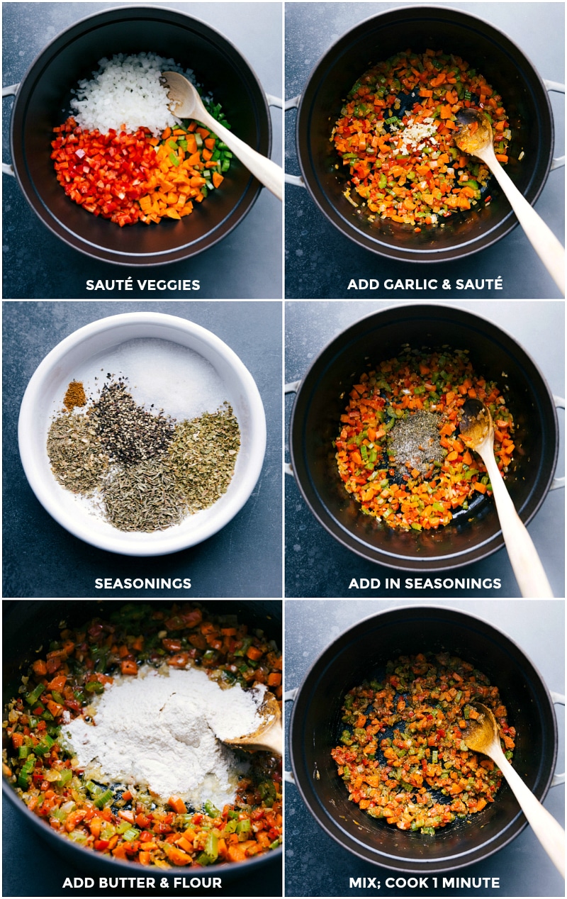 Process shots-- images of the veggies being sautéed; seasonings being added; butter and flour being added; and it all being cooked.