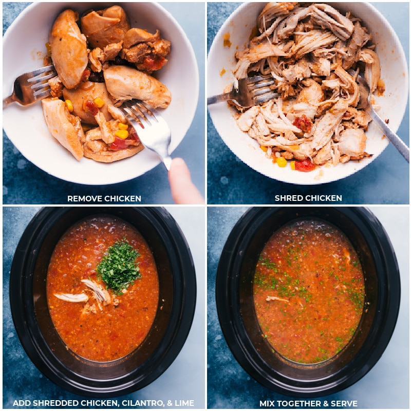 Process shots-- images of the chicken being removed from the slow cooker for shredding and then added back in