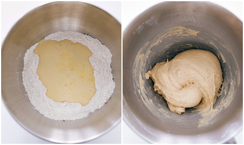 Process shot of whisking together dry ingredients, adding in wet, and mixing it all together for Homemade Cinnamon Rolls.