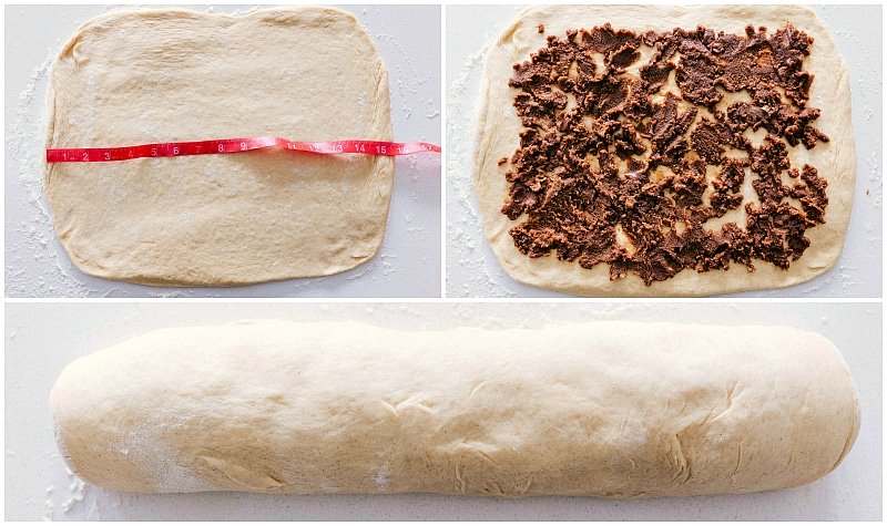 Process shots of rolling out the dough, adding cinnamon sugar, and forming the dough into a log for Homemade Cinnamon Rolls.