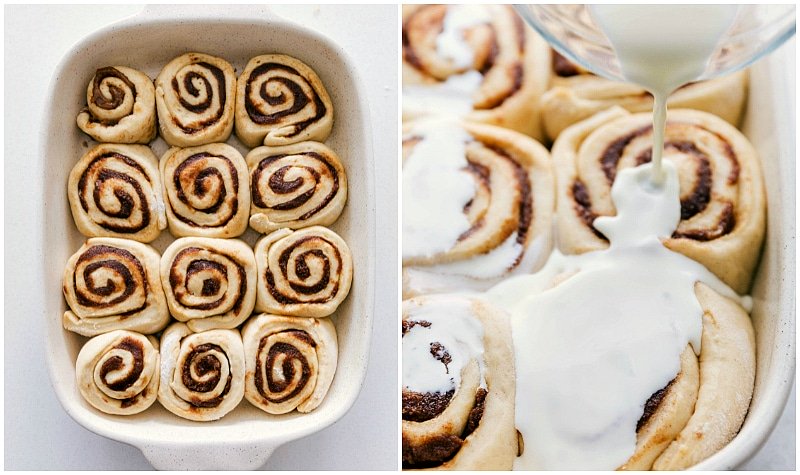 Adding the secret ingredient (heavy cream)to the prepared pan of these homemade cinnamon rolls