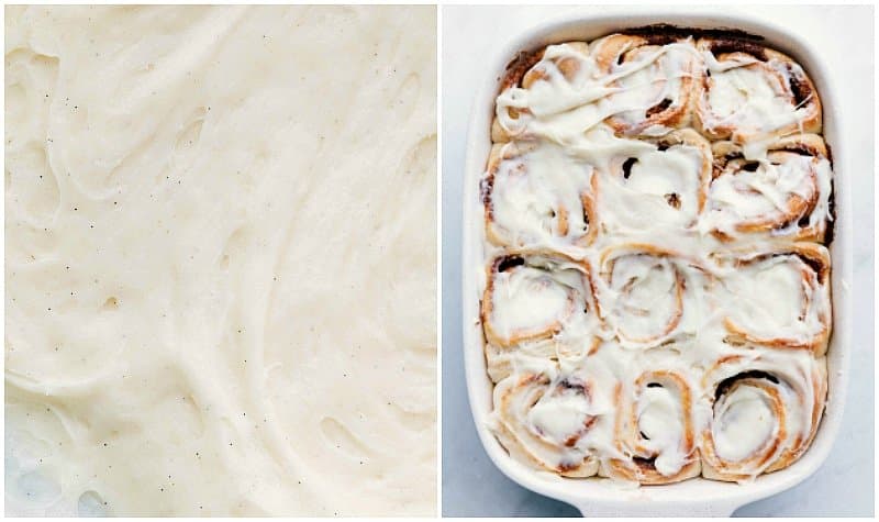 Process shot of the frosting being added to the Homemade Cinnamon Rolls.