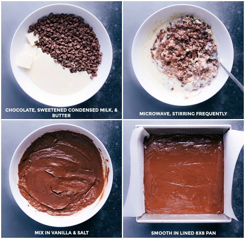 Chocolate, sweetened condensed milk, and butter being added to a bowl and melted. Then the melted chocolate being added to a prepared 8x8-inch pan.