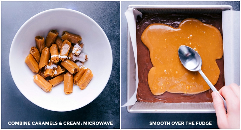 Process shots-- images of the caramel being melted and poured over the chocolate layer.