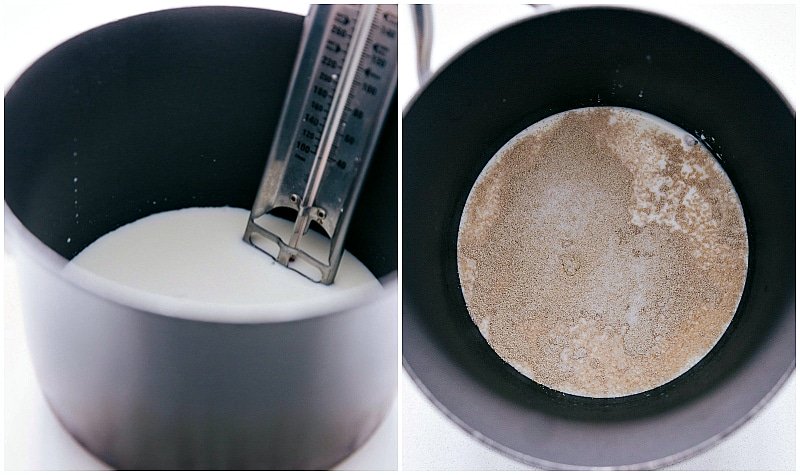 Process shots: heating milk and adding yeast for Homemade Cinnamon Rolls.