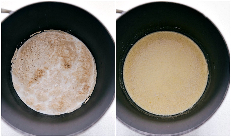 Process shot of adding egg/butter mixture to yeast/milk mixture for Homemade Cinnamon Rolls.