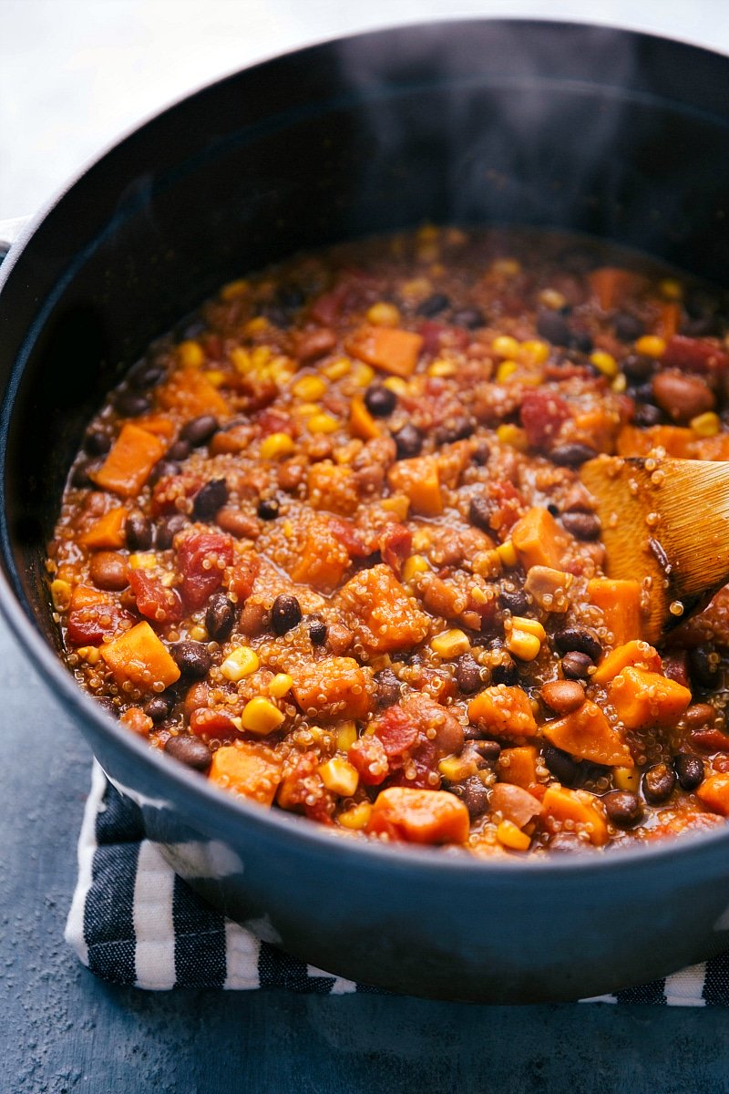 Quinoa chili in a pot, warm and ready to be served, offering a hearty and delicious meal with a healthy twist.