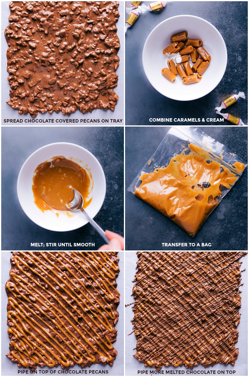 Process shots: Spread chocolate-covered pecans on the tray; combine caramels and cream; melt until smooth; transfer to a plastic bag and pipe over the chocolate pecans; pipe additional melted chocolate on top.