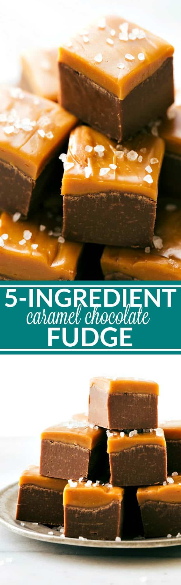 This simple caramel topped chocolate fudge is made easy with one bowl, only 5-ingredients, and all in the microwave! Recipe via chelseasmessyapron.com