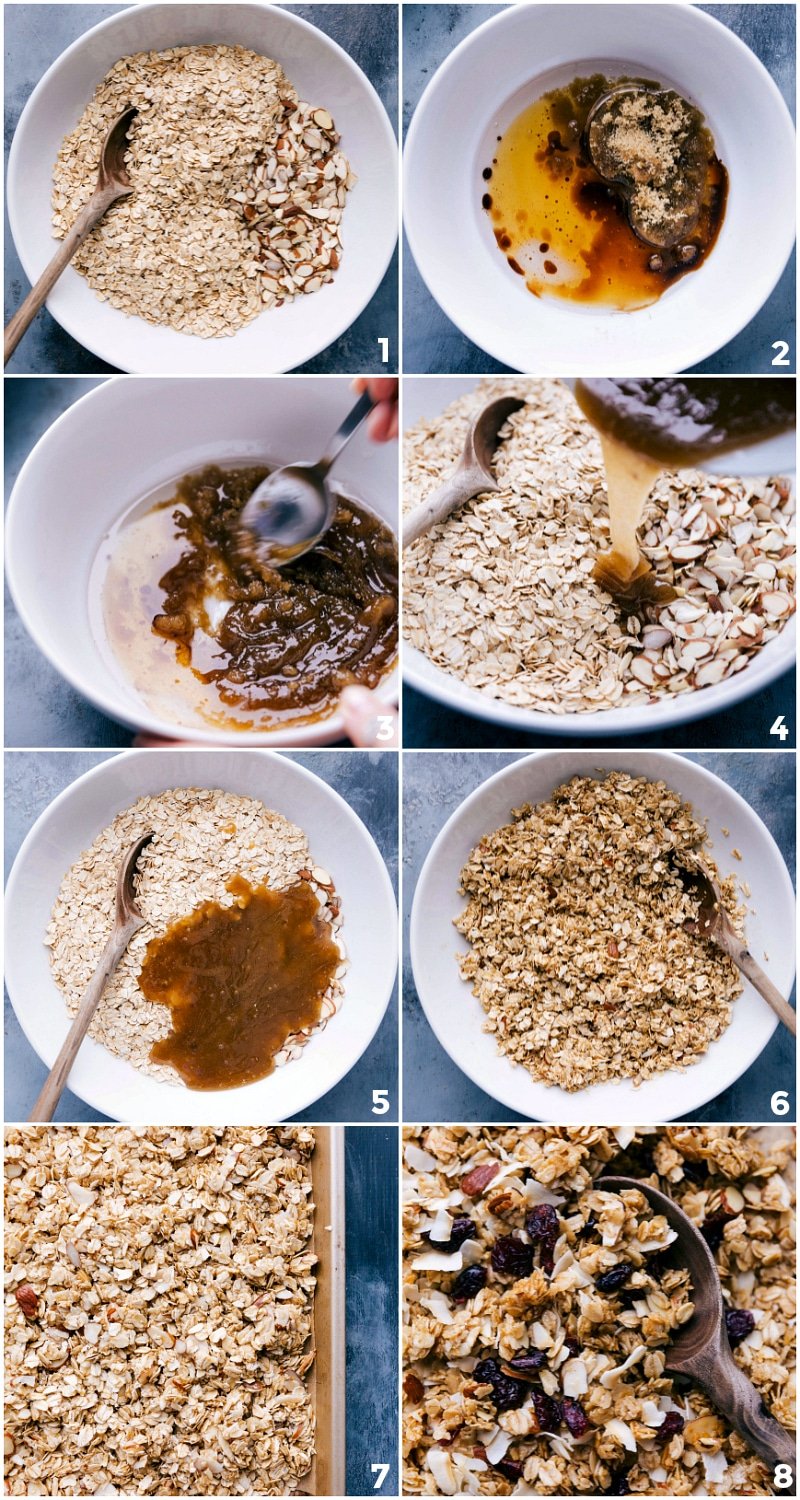 Process shots showing all the ingredients being added to a bowl, mixed together, and then spread on a sheet pan.