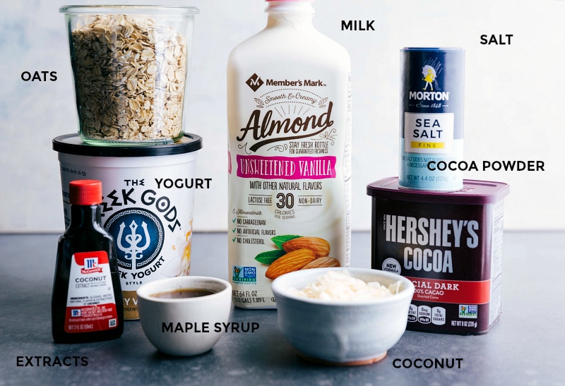 Ingredient shot--image of all the ingredients in Almond Joy Overnight Oats.