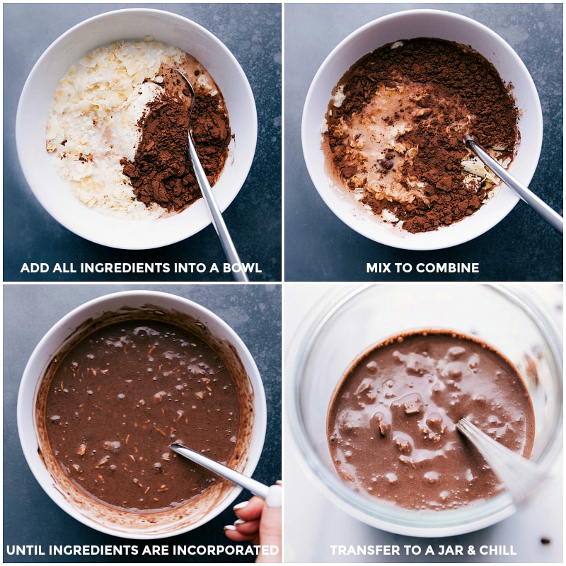 Ingredients for the overnight oats almond joy being added to a bowl, mixed together, and then transferred to a jar for setting.