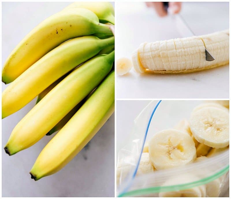 Image of bananas being coined, sliced and put in a plastic bag to be frozen.