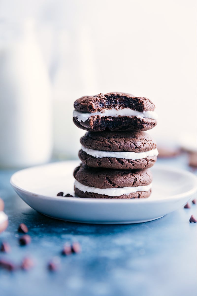 Homemade Oreos stacked on top of each other