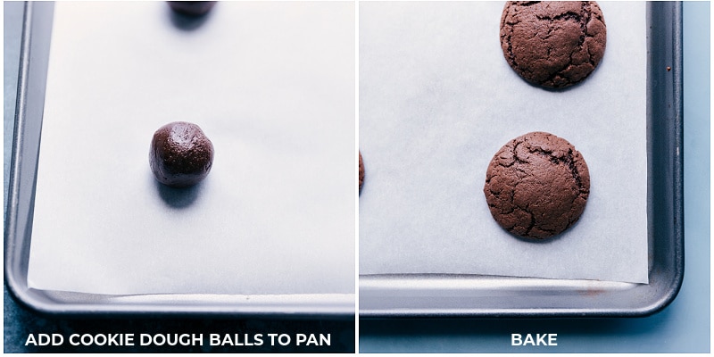 Cookie dough balls before and after baking
