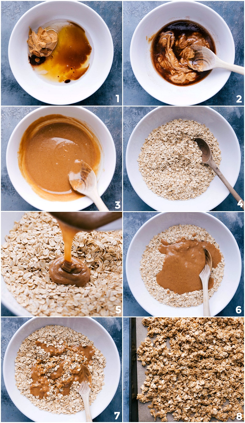 Preparing the peanut butter granola recipe: adding ingredients and spreading them on a sheet pan.