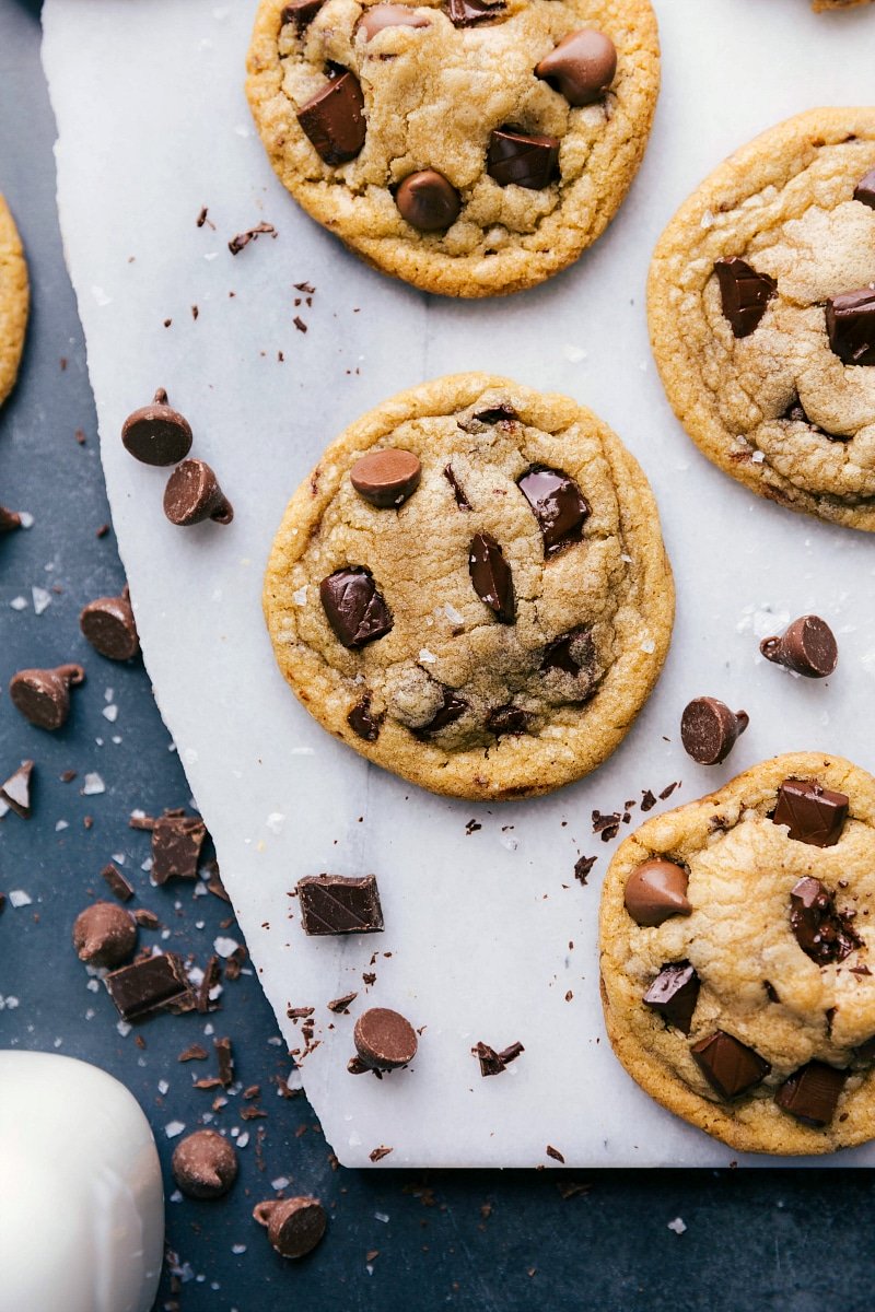 Freshly baked small batch chocolate chip cookies with melty chocolate chips visible on top.