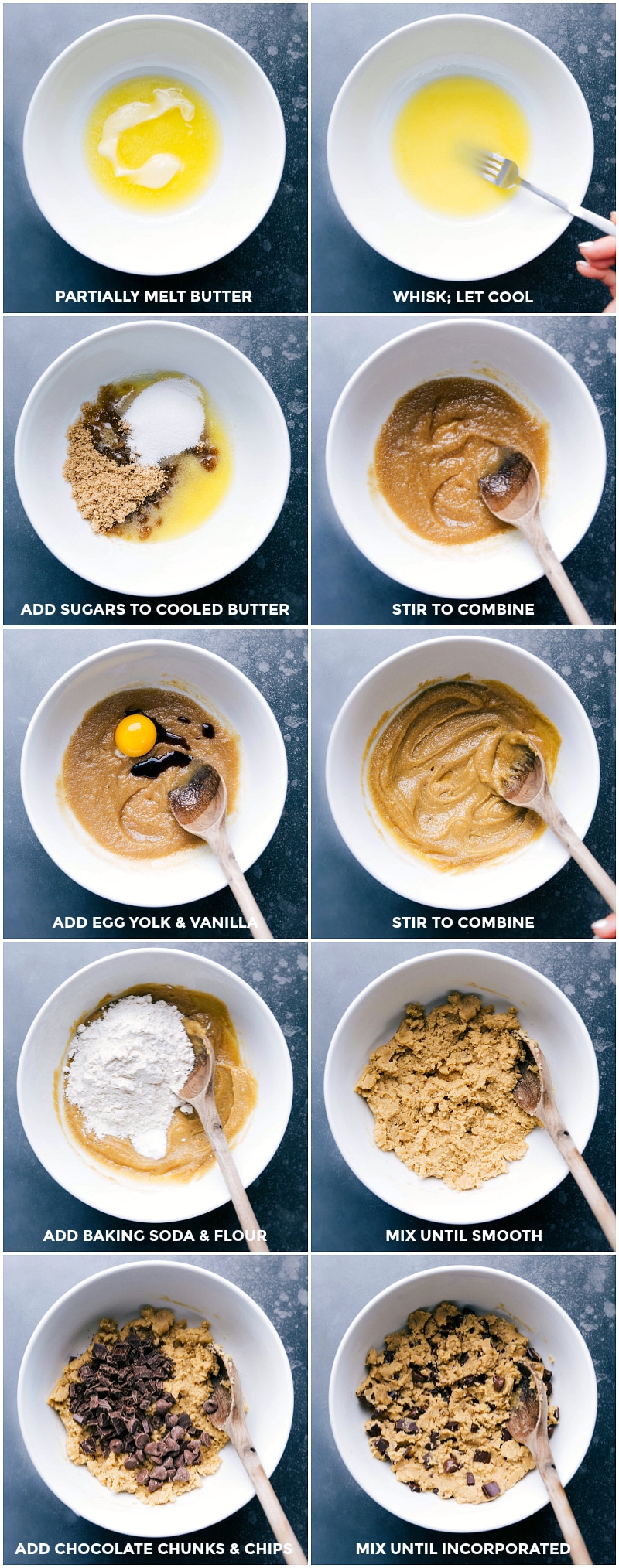 Process shots-- images of the wet and dry ingredients being mixed together and chocolate chips being mixed into the dough.