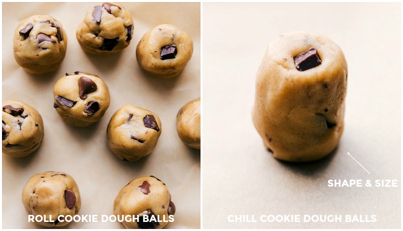 Rolled dough balls for chocolate chip cookies, chilled and placed on a baking pan, ready for baking.