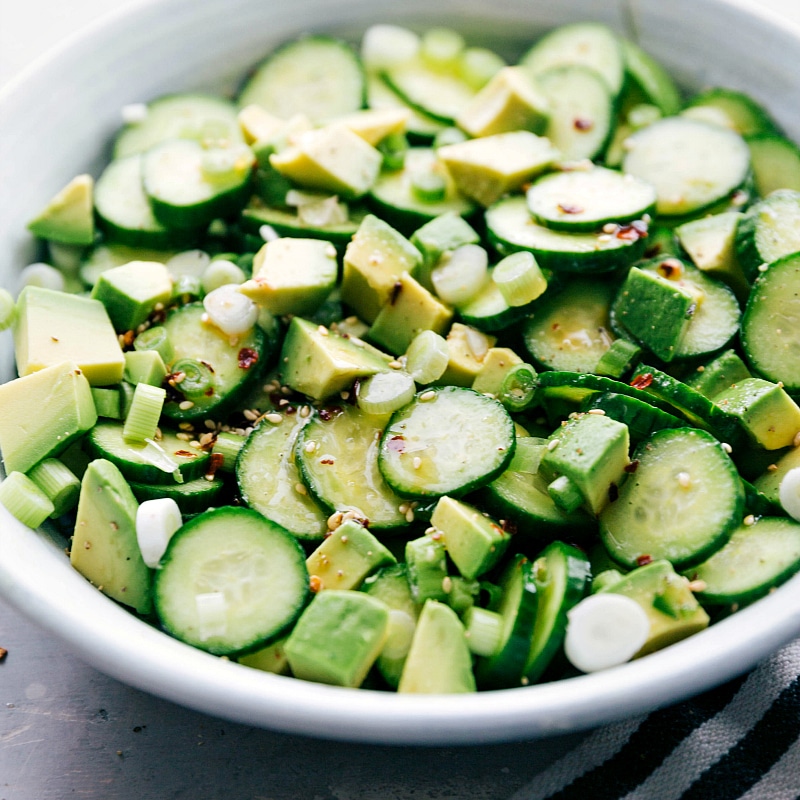 Image of the ready-to-eat Asian Cucumber Salad in a bowl.