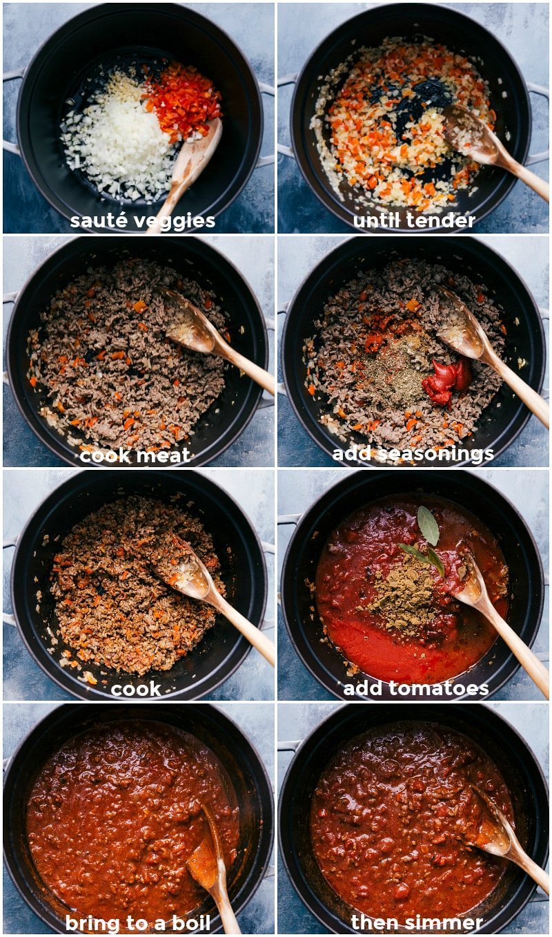 Making the goulash recipe: vegetables sautéing, meat cooking with veggies, seasonings and tomatoes added, mixture boiling and simmering.