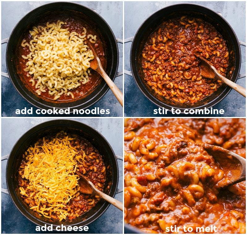 Mixing the cooked pasta with beef-tomato sauce, cheese being added, and the final combined dish.