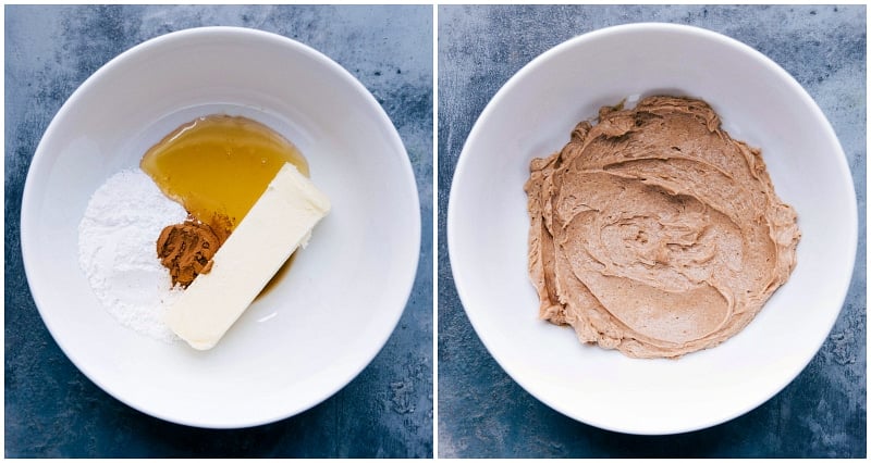 pictures of the ingredients in a bowl, before and after whipping.