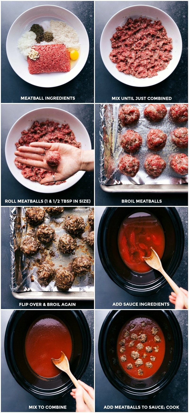 Ingredients being mixed and rolled into meatballs before broiling and adding to a slow cooker to simmer in sauce.