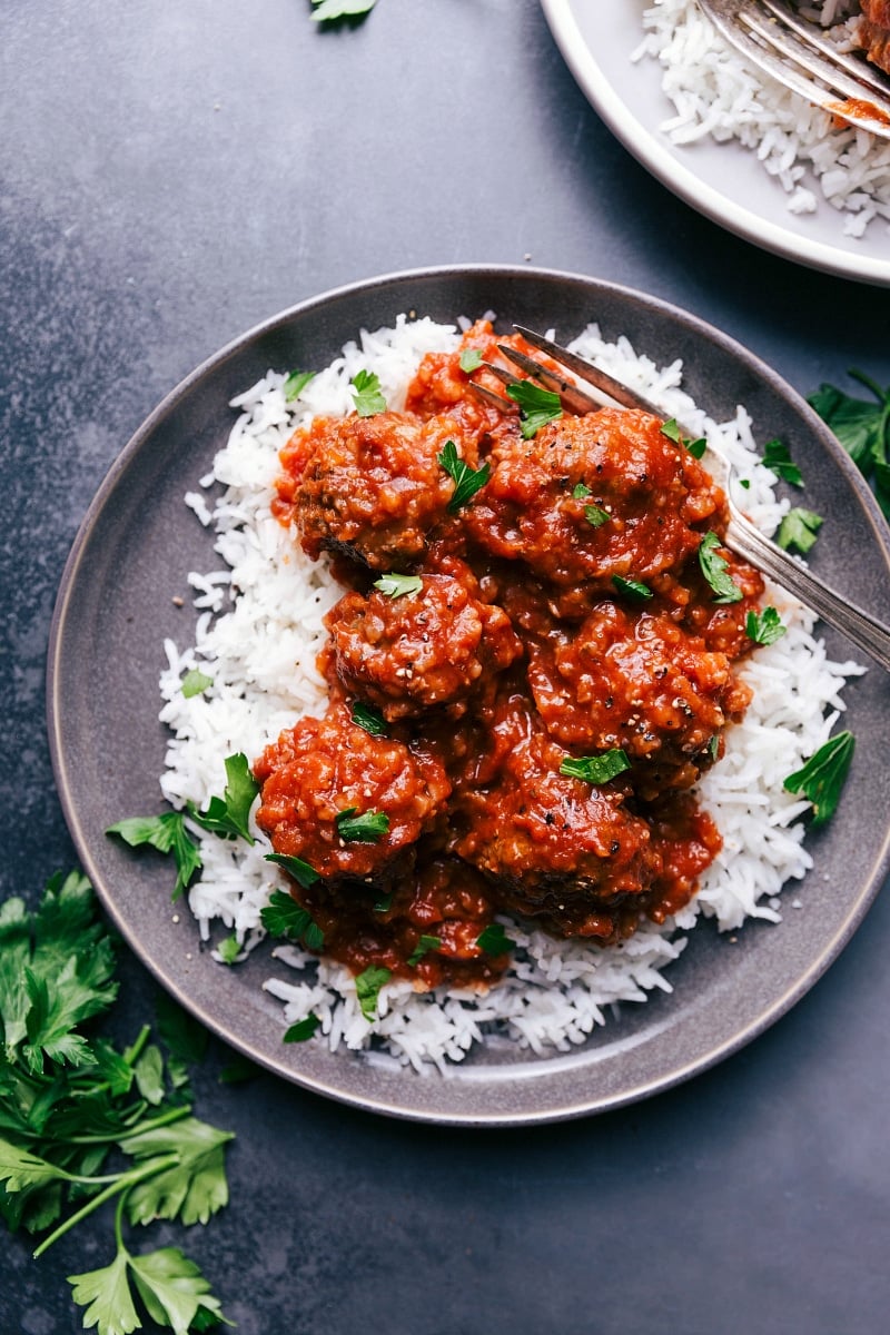 Overhead image of Porcupine Meatballs over a bed of rice.