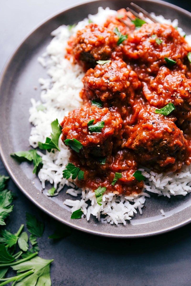 Up-close overhead image of Porcupine Meatballs about to be eaten.