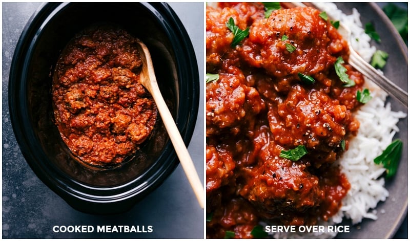 Process shots-- images of the cooked meatballs in the slow cooker; meatballs being served over the rice.