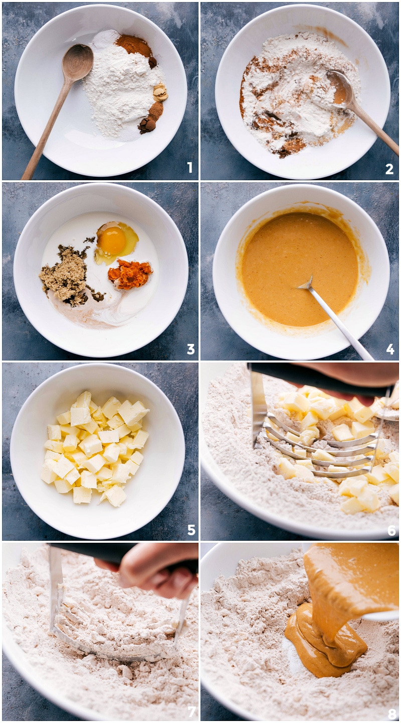 Process shots-- images of the dry and wet ingredients, then the butter being cut into the dry ingredients, and then the wet and dry ingredients being combined.