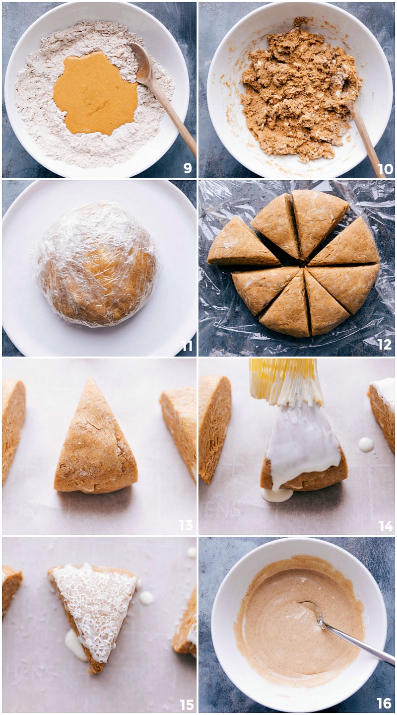 Process shots-- images of the scone dough being mixed together, formed and cut into triangles, topped with sugar and heavy cream before being baked.