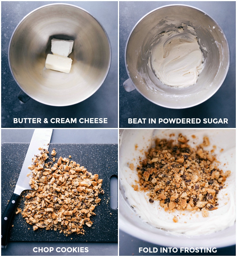 Process shots: butter and cream cheese in a mixer bowl; beating in powdered sugar; chopping cookies; folding the cookie crumbs into the frosting.