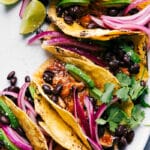 Finished chipotle chicken tacos, ready to eat, topped with fresh cilantro, pickled onions, and other toppings.