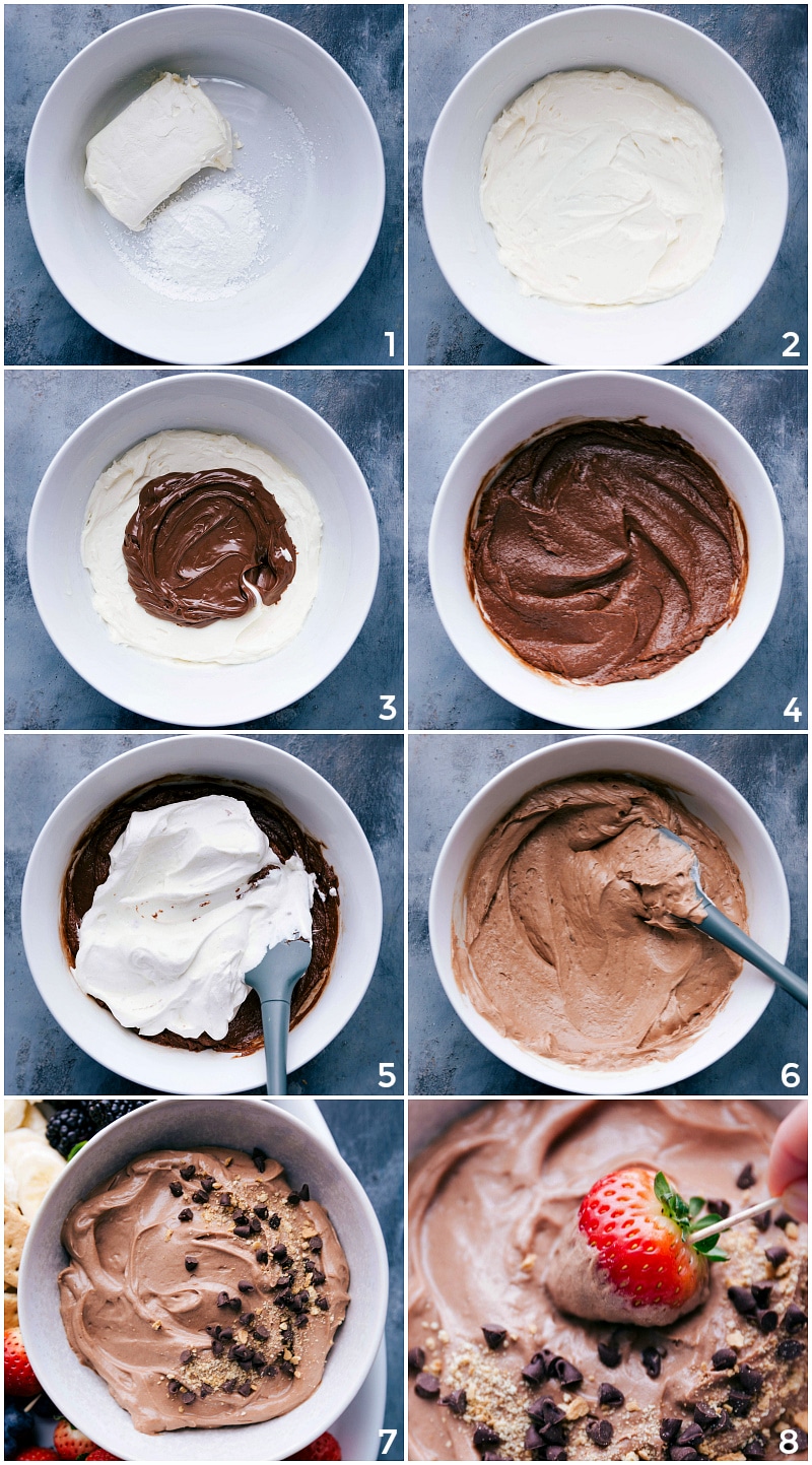 Creating the creamy dip by mixing cream cheese, nutella, and whipped cream.