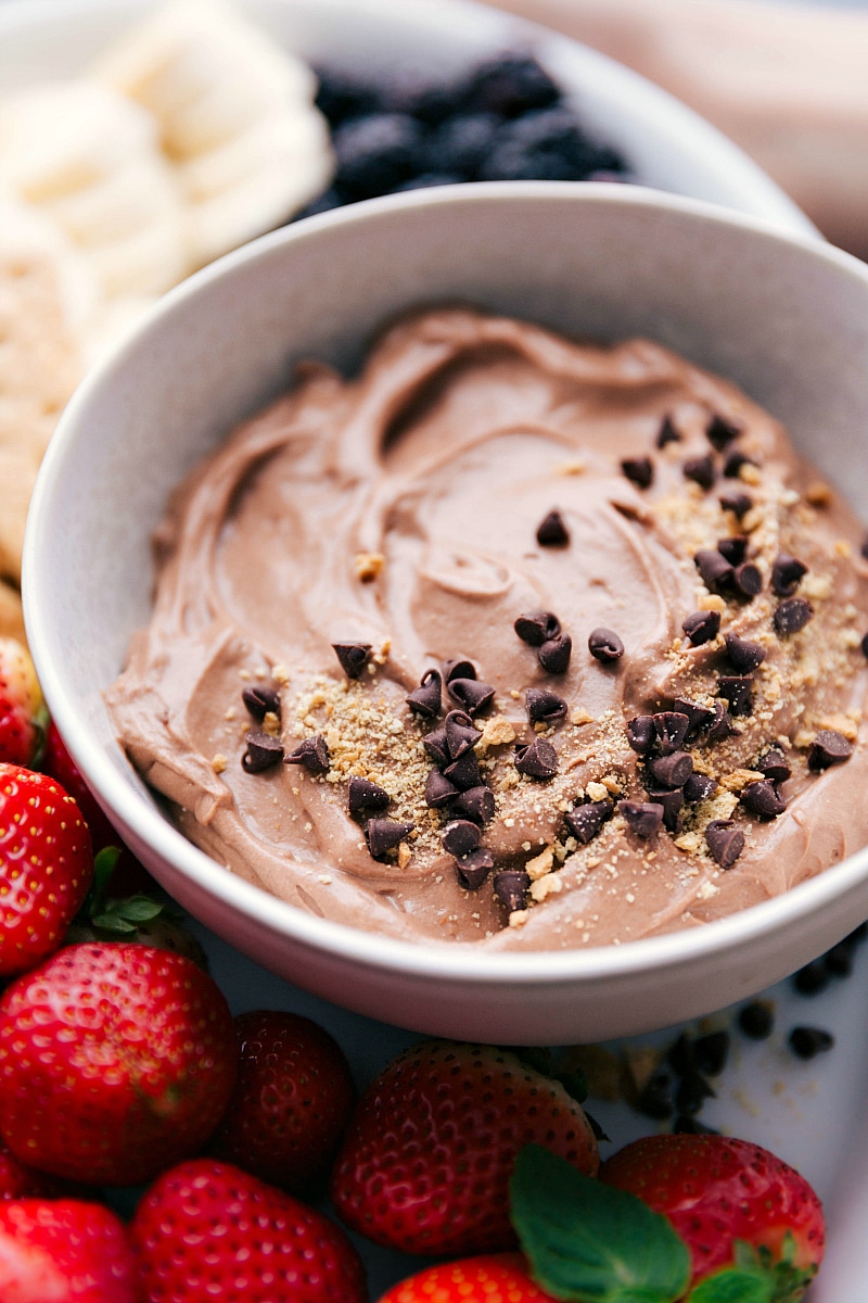 Chocolate dip for fruit with crumbled graham cracker and mini chocolate chips.