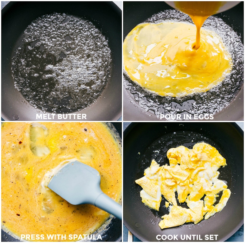 Eggs cooking in a skillet with melted butter.